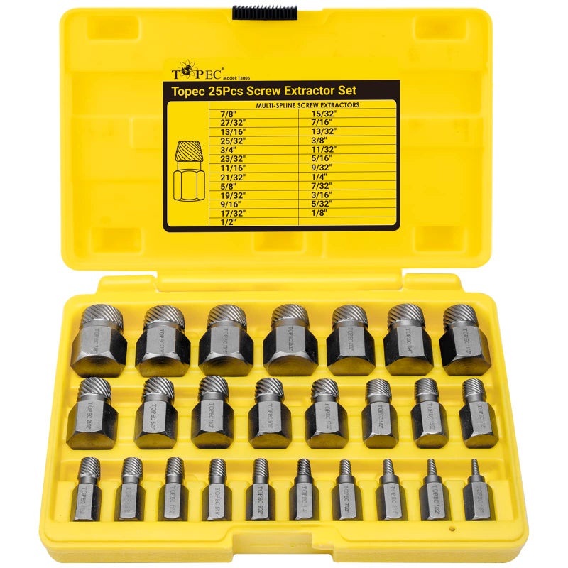 Topec 25Pcs Screw Extractor Set  Hex Head Multi-Spline Easy Out Bolt Extractor Set  Premium CR-MO Steel Rounded Bolt Remover - Image 1